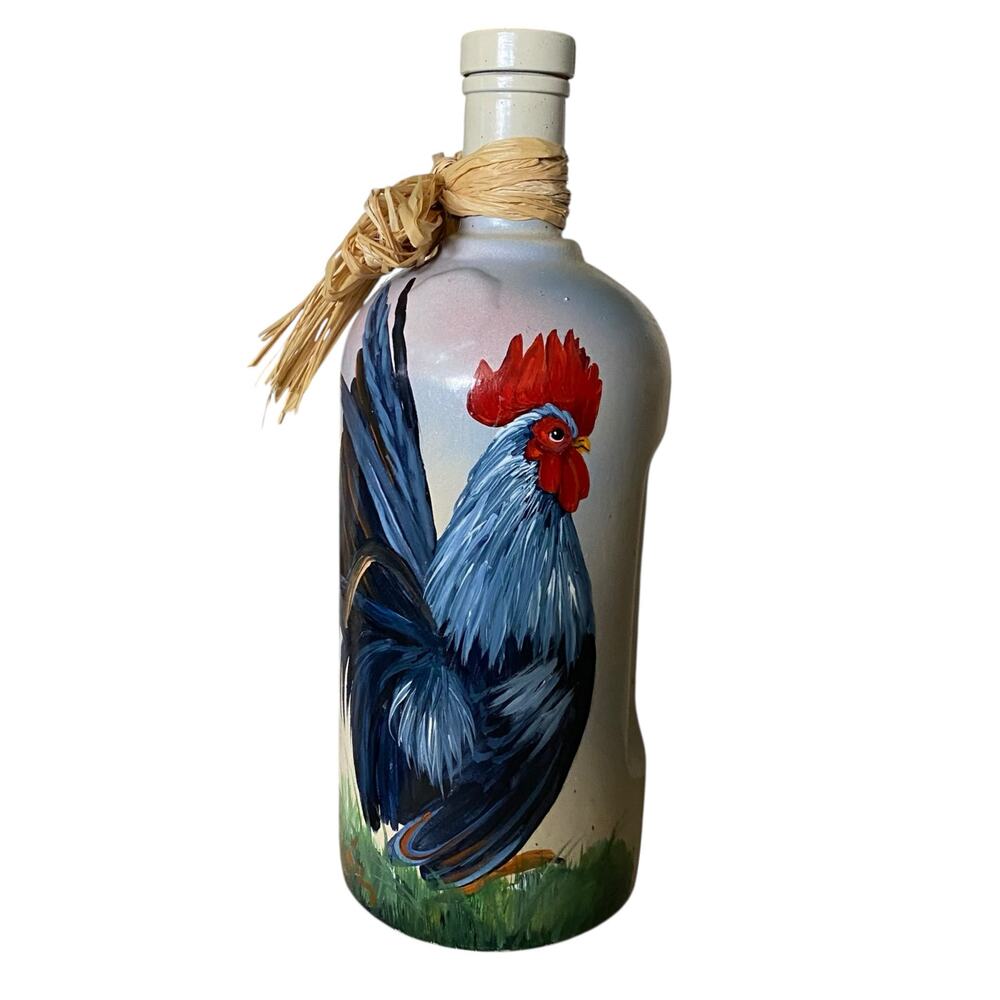 Rustic Colorful Empty Hand Painted Country Cottage Core Rooster Bottle with Lid